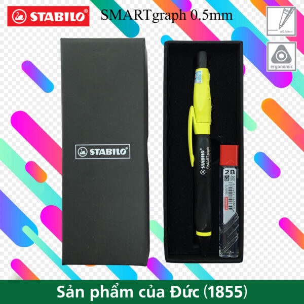 Combo 1 Bút chì bấm STABILO SMARTgraph MPE1842 0.5mm + Ruột chì PC3205R12 2B – Vỏ đen/ xanh lá mạ (Lime)