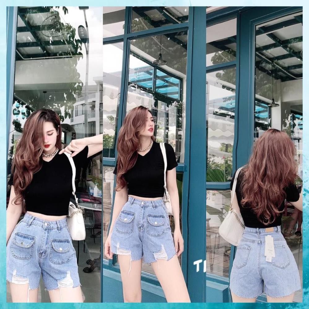 [TH Jeans] Quần sooc bò rách, quần shorts jeans lưng cao, túi nắp 1 khuy. Mã S7095