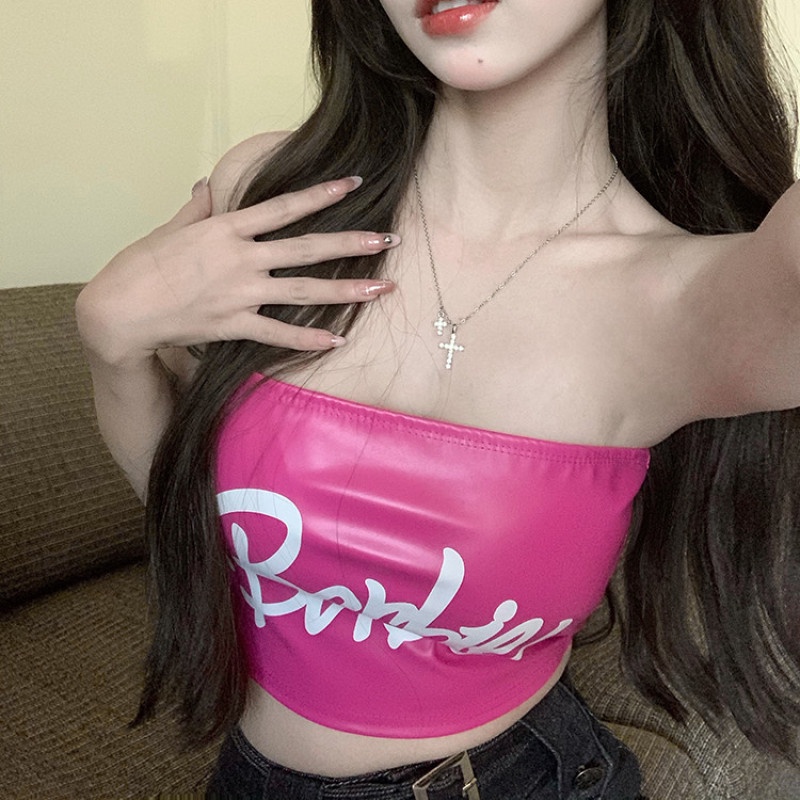 Áo Ống Chất Liệu Da pu In Chữ Cá Tính Thời Trang Cho Nữ