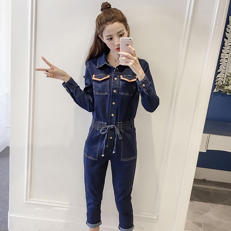 Jumpsuit Denim Dài Tay Thiết Kế Mới Kiểu Dáng Đơn Giản Thời Trang Theo Phong Cách Hàn Quốc