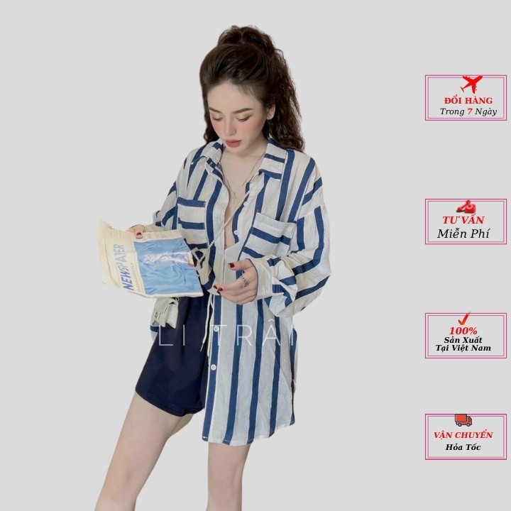 set áo sơ mi nữ form rộng kiểu kẻ sọc xanh trắng đẹp dài tay hàn quốc cao cấp,Chất vải tằm voan cực mát kiểu YoLoFashion