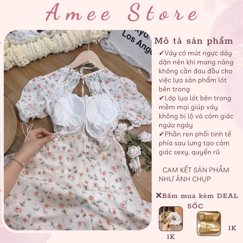 Váy Hoa Nhí Cổ Vuông Tay Bồng nhíu ngực viền bèo cutout lưng Dáng Ngắn