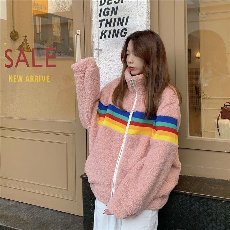 Jiashucheng Áo Khoác Len Lông Cừu Dày Dáng Rộng Màu Cầu Vồng Phong Cách Hàn Quốc Mới