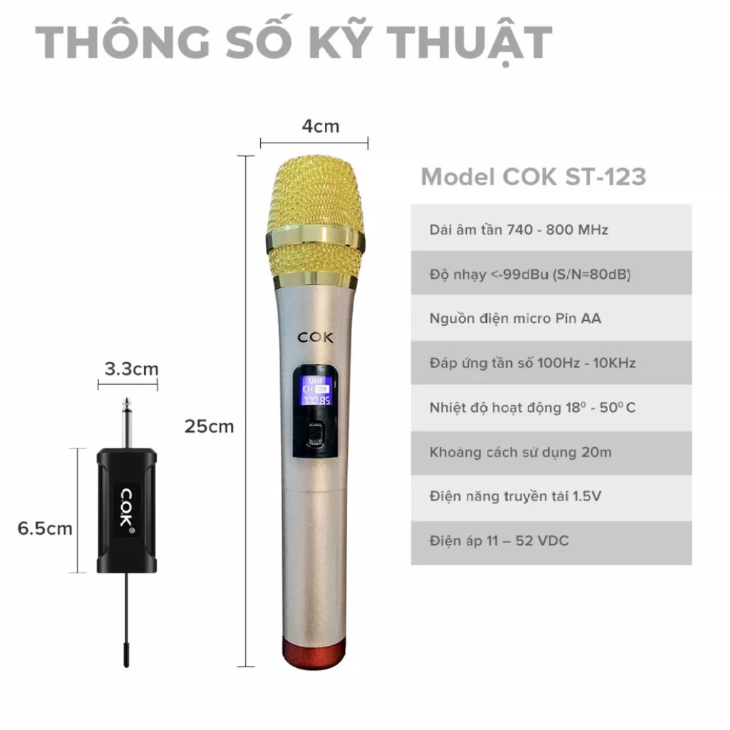 Micro Không Dây COK ST-123S (2 mic) - CHÍNH HÃNG - BH 12 tháng - Mích Chuyên Dành Cho Mọi Loa Kéo Và Âm Ly