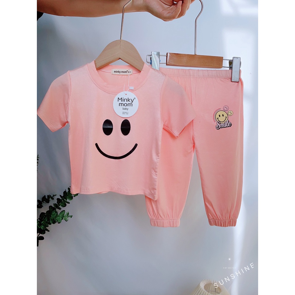 [Size 7-18kg] Bộ Áo Cộc Tay Quần Dài Vải Thun Lạnh Minky Mon Hình Mặt Cười Cho Bé