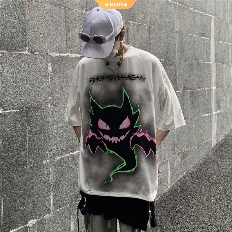 Streetwear Fashion Korea Oversized Shirt Dark Pokémon Printing T-shirt Tie-dye Hip Hop Loose Fit Plus Size Tee Short Sleeve for Men and Women 【BIOAKU】