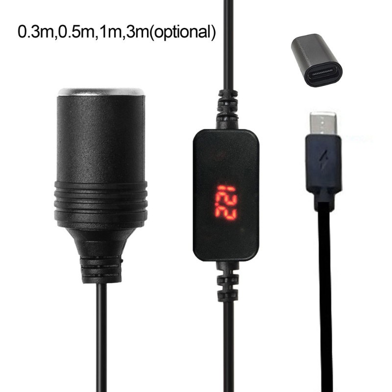 HSV USB C PD Female Type C Male to 12V Car Socket Power Supply Cable with Output Voltage Display for 12V Car LED Light Driving Recorder GPS E-Dog Car Fan and more