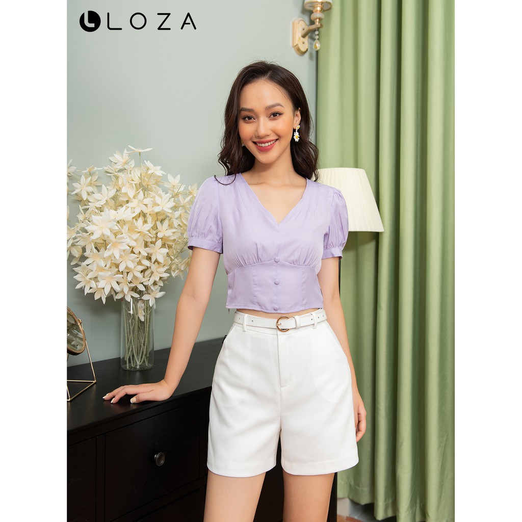 [Mã FASHIONMALLT4 giảm 15% đơn 150k] Áo kiểu LOZA dáng croptop cổ tim màu tím - LS1448