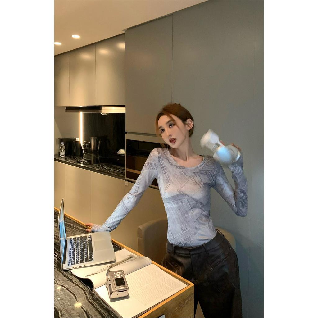 Cocory vn Áo Thun Tay Dài Dáng Ôm Hở Lưng In Họa Tiết Cổ Điển Thời Trang Phong Cách Hàn Quốc Cho Nữ