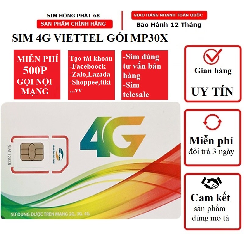 Sim viettel 4G MP30X miễn phí cuộc gọi nội mạng dưới 10 phút tối đa 500 phút gọi trong tháng, sim gọi telesale