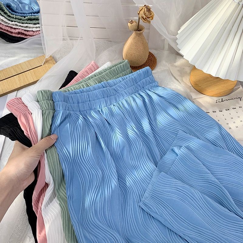 Quần ống rộng Xếp Ly Bằng Lụa Băng Lưng Cao Họa Tiết Sọc Lượn Sóng Mùa Hè Cho Nữ