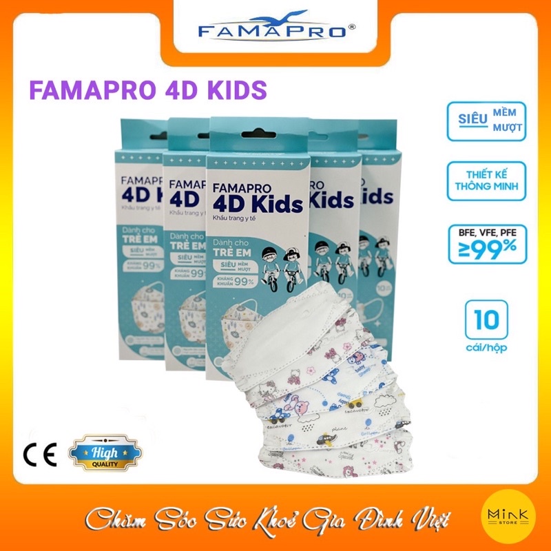 Khẩu trang 4d kids thương hiệu famapro, chính hãng công ty NAM ANH, dành cho bé từ 3-10tuổi