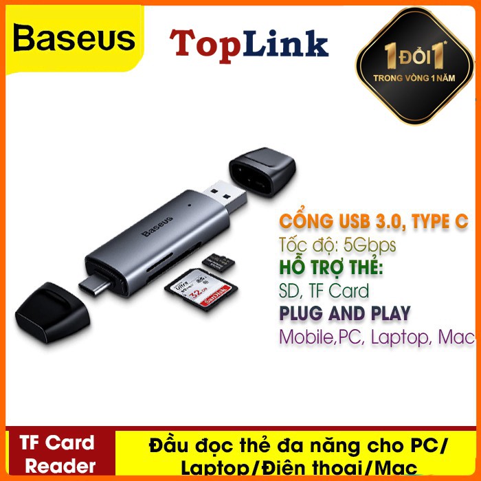 Đầu Đọc Thẻ Nhớ Baseus 2 Trong 1 USB 3.0 / Type-C Tích Hợp Khe Cắm Thẻ Nhớ Micro SD / TF, Thiết Kế Nhỏ Gọn, Dễ Mang Theo