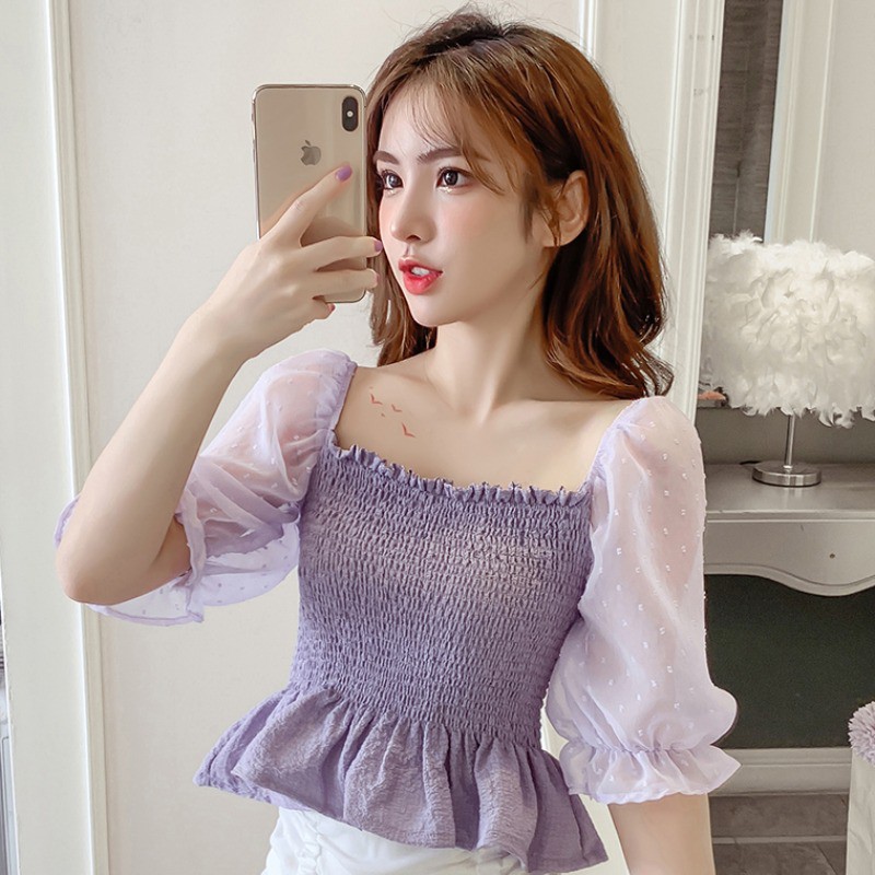 Áo crop top chiffon mỏng cổ vuông kiểu Pháp