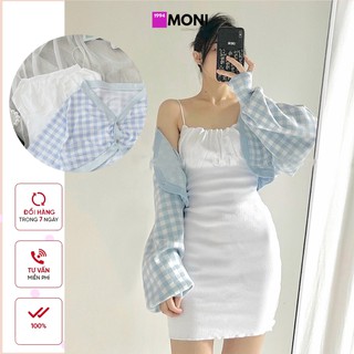 Set đầm 2 dây ôm body trắng áo khoác cardigan kẻ caro xanh dương S62