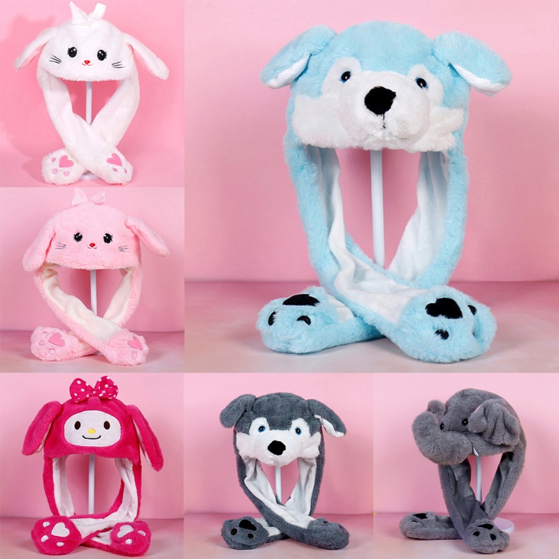 Mũ hình động vật hoạt hình nhồi bông có thể di chuyển tai vui nhộn cho nữ