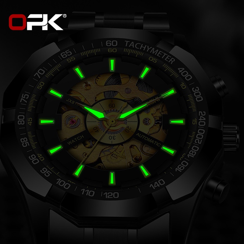 OPK 8660 Watch Men Genuine Automatic  Mechanical Waterproof Stainless Steel Strap Gold-plated Luminous Cool Unique