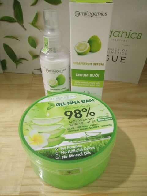 [ Combo Milaganics] Gel Nha Đam 300g &amp; Serum Bưởi 100ml