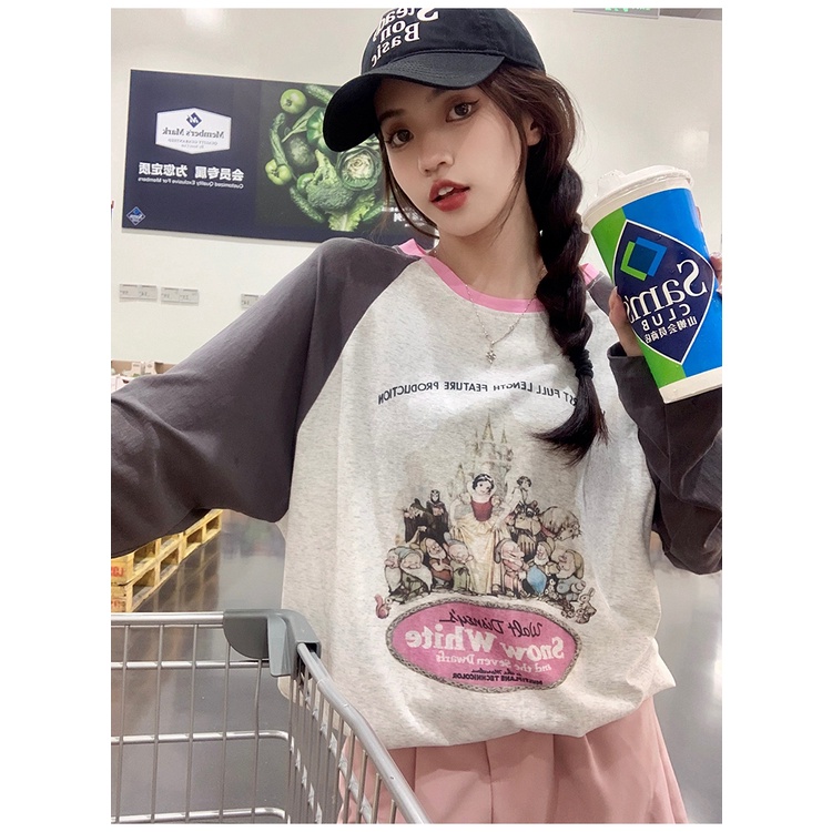 Áo Thun Dáng Rộng Phối Màu Tương Phản Thời Trang Mùa Thu Mới Cho Nữ