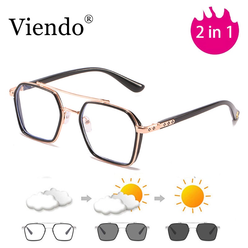 Gọng kính cận nam nữ VIENDO mắt vuông đổi màu chống ánh sánh xanh tia UV thời trang