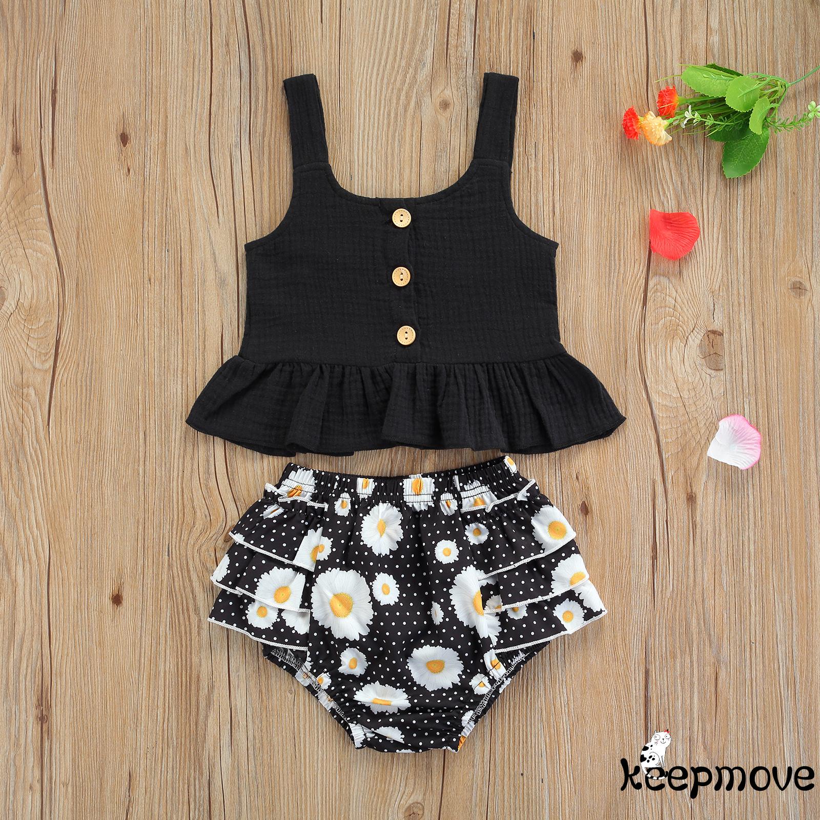 Set Đồ Mùa Hè 2 Món Áo Tank Top Cài Nút Màu Sắc Trơn + Quần Dài Nhiều Lớp Đính Hoa Cho Bé Gái 6 Tháng Đến 4 Tuổi