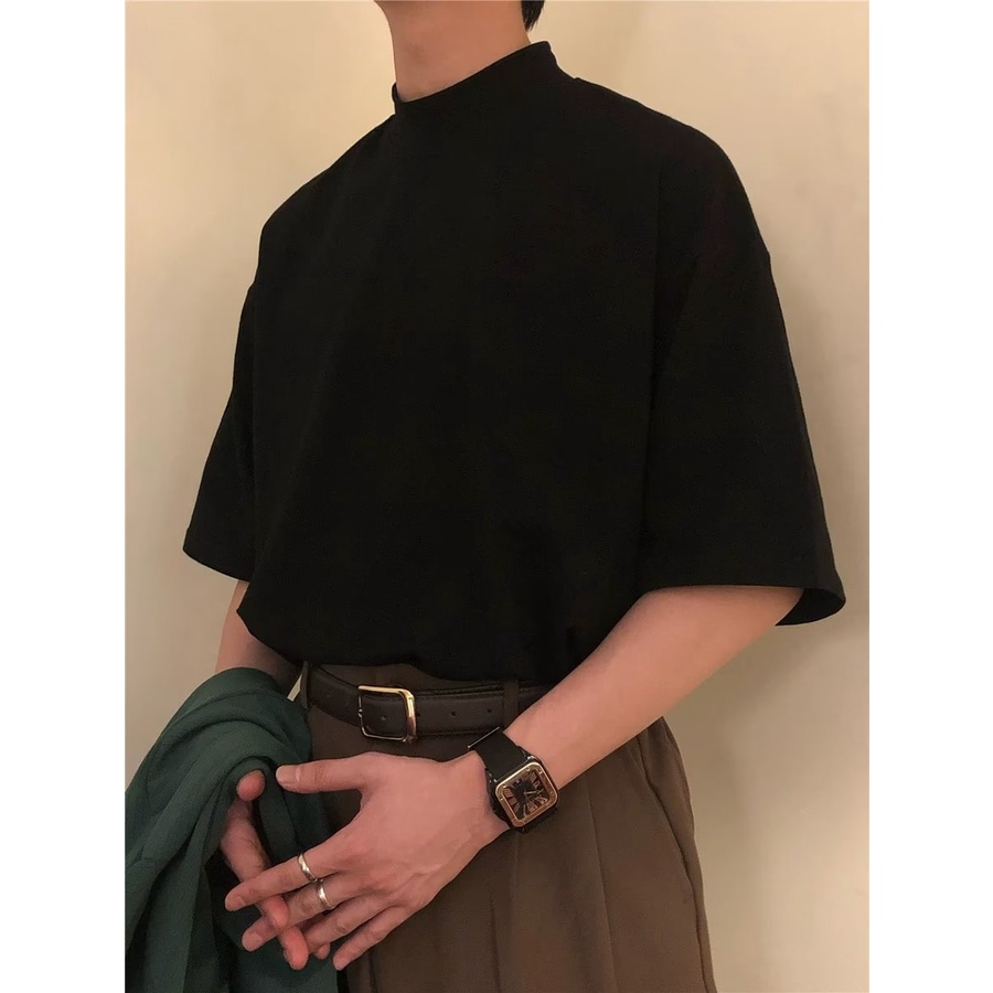 Áo len cổ lọ tay lửng dáng ôm thời trang xuân thu mới áo thun nam tay lỡ  áo phông nam đen Mùa hè mới lỏng màu đen bình thường