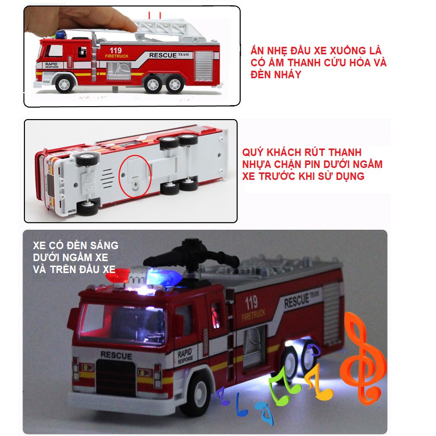 Xe ô tô cứu hỏa bằng sắt  đồ chơi trẻ em mô hình xe có âm thanh và đèn tỉ lệ 1:32 xe chạy cót