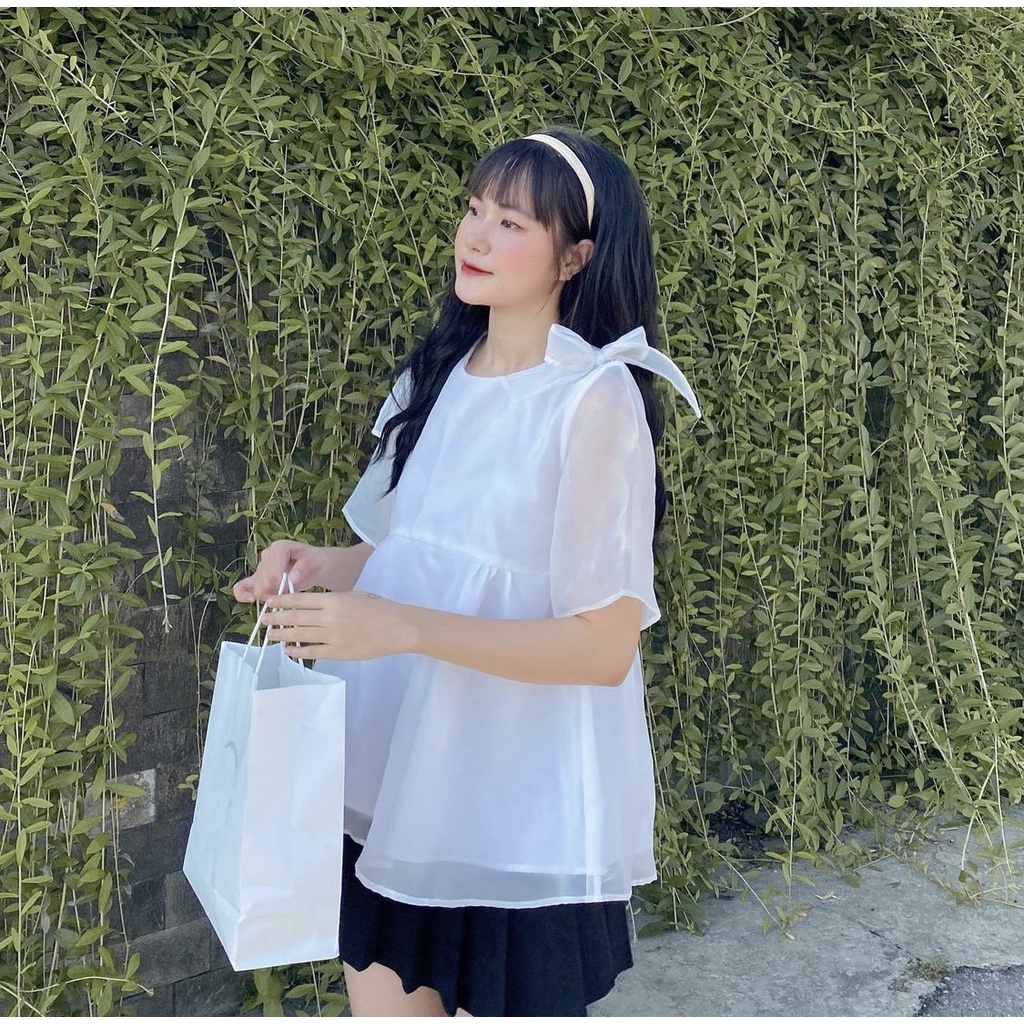 Áo nữ kiểu bánh bèo voan 2 lớp thẳt nơ vai dáng xoè bồng bành công chúa. MET SHOP