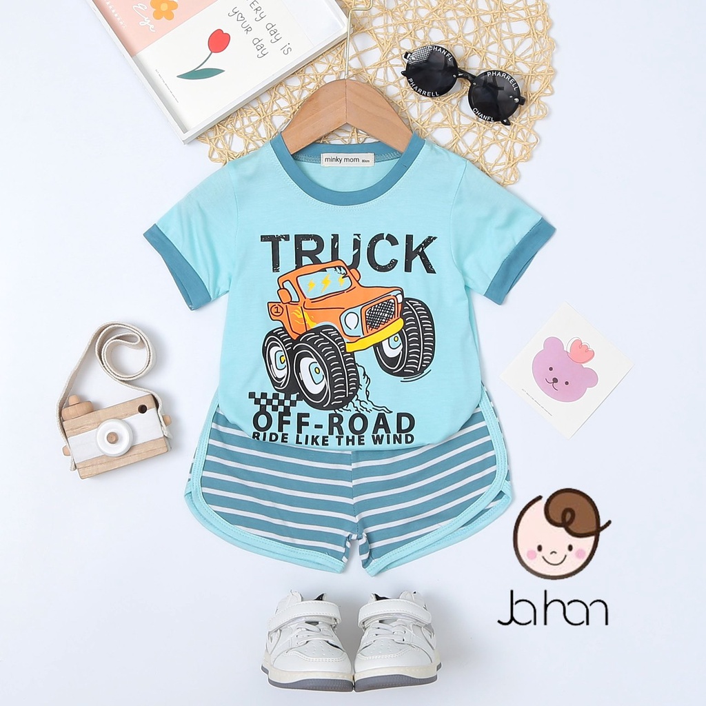 Bộ Cộc Thun Lạnh Cho Bé Trai Bé Gái Minky Mom Họa Tiết Động Vật Đáng Yêu Quần Kẻ, Bộ Mặc Nhà Cho Bé - TN5