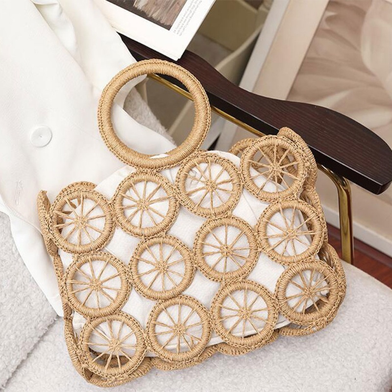 Túi Xách Tote Dây Rút Bằng Rơm Pu Họa Tiết Tròn Khoét Lỗ Thời Trang Đi Biển Mùa Hè Cho Nữ