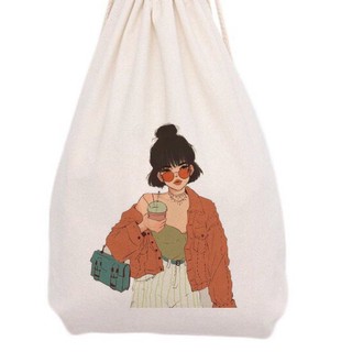 Balo dây rút vải, chất liệu vải canvas, vải bố, giá rẻ họa tiết CÔ GÁI vuhuyenstore SKU 012