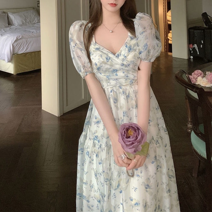 Đầm Voan Hoa Ngắn Tay Cổ Chữ V Thời Trang Mùa Hè Pháp Dành Cho Nữ 2022