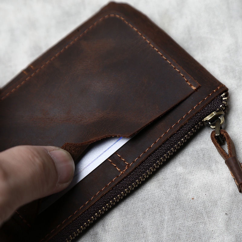 Ví Da Bò Thật Mỏng Có Khóa Kéo Phong Cách Retro 2023 Cho Nam