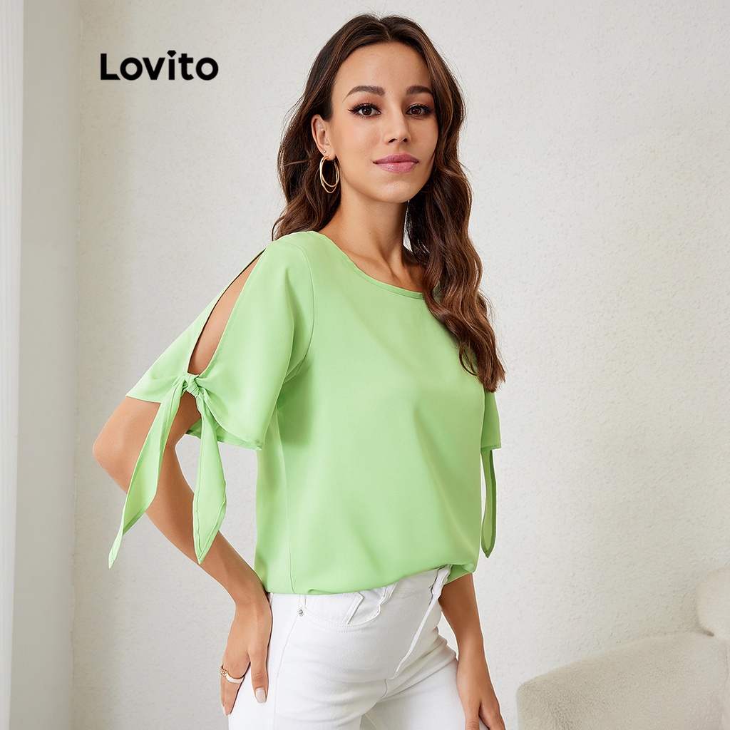 Lovito Áo cánh cổ thuyền ngắn tay phối ren giản dị L24LD043 (Xanh lá cây)