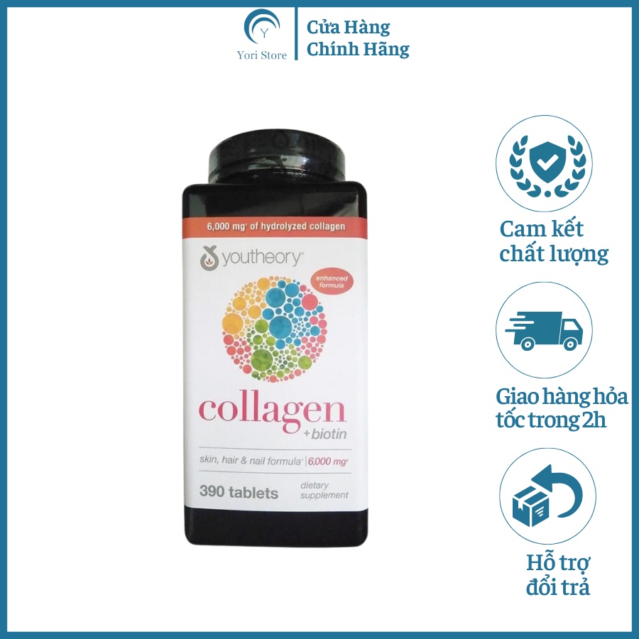 Viên Uống Bổ Sung Collagen Youtheory+ Biotin, Viên Uống Hỗ Trợ Làm Đẹp Da Mỹ Hộp 390 viên
