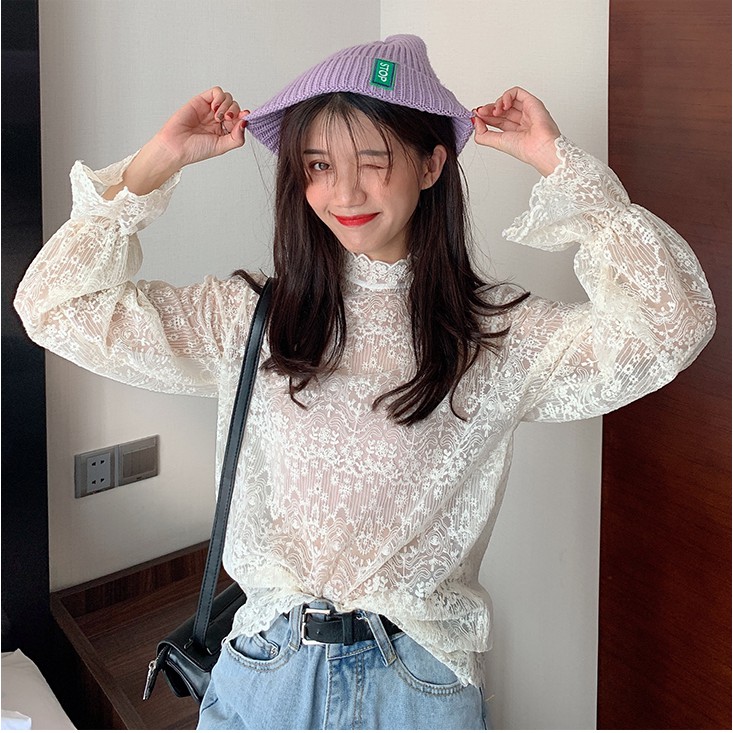 Áo thun ren phối cổ lọ dài tay thời trang Hàn Quốc dành cho nữ sành điệu | BigBuy360 - bigbuy360.vn