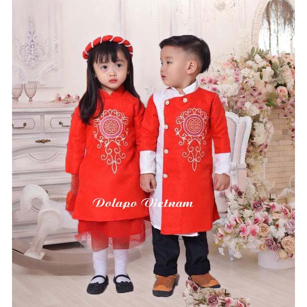Áo Dài Cách Tân Cho Bé Trai, Bé Gái Từ 12kg - 28kg - Áo Dài Vải Gấm Cao Cấp Thêu Họa Tiết Siêu Xinh Cho Bé Diện Tết