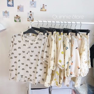 Q2 Set đồ ngủ cộc tay viền bèo/cổ trụ chất đũi xốp hoạ tiết đáng yêu Quinnie Store