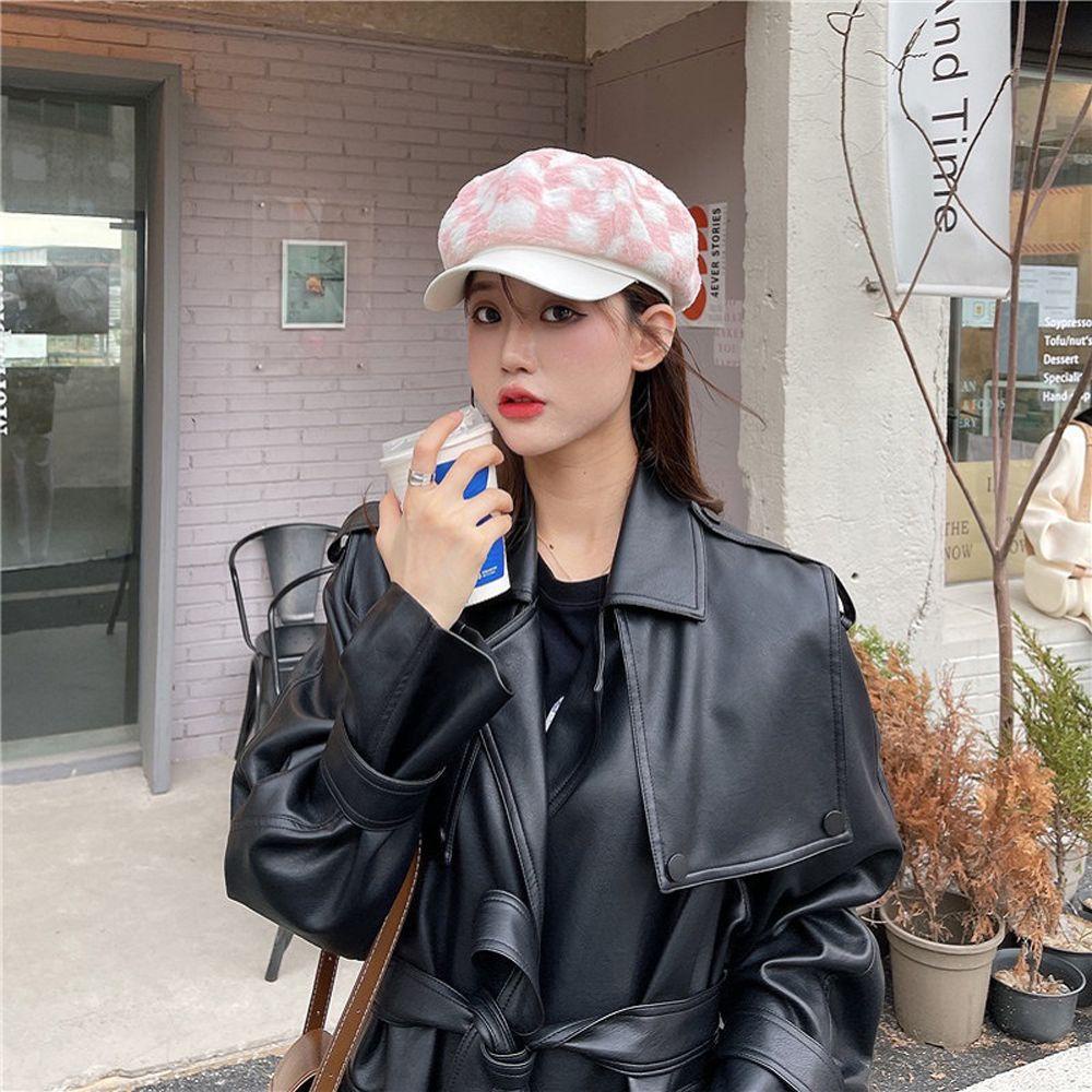 Mũ Beret Vải Lông Họa Tiết Kẻ Ô Vintage Hợp Thời Trang Thu Đông Cho Nữ