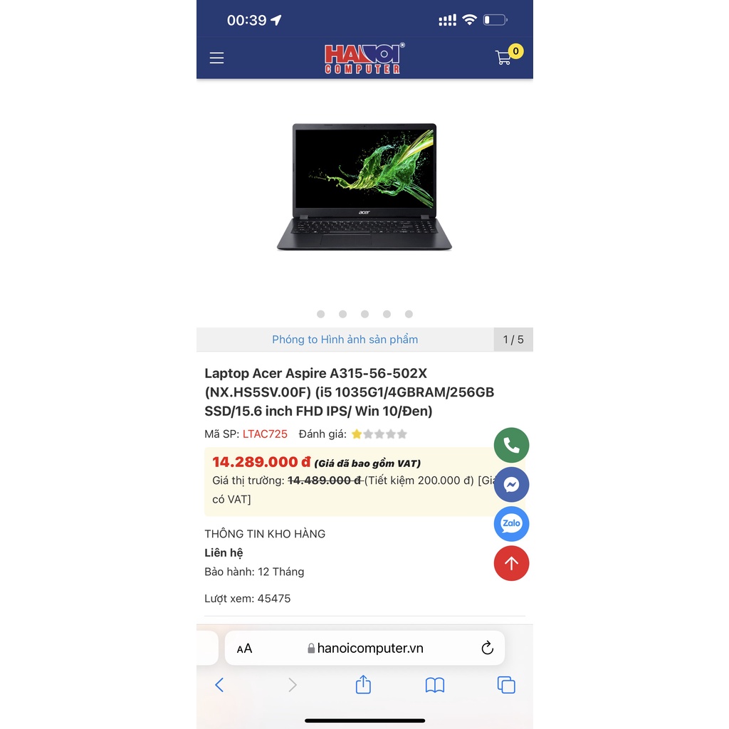 Laptop Acer Aspire 3 A315-56-502X Core i5-1035G1 15.6 inch Đời Mới