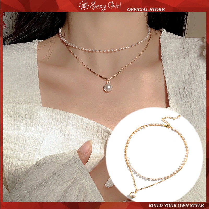 Vòng Cổ Choker Hai Lớp Đính Ngọc Trai Phong Cách Hàn Quốc Quyến Rũ Dành Cho Nữ