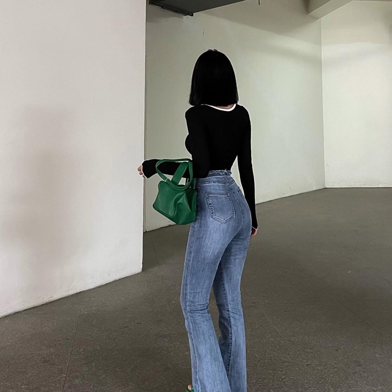 DUNEA Áo Thun Tay Dài Cổ Vuông Màu Sắc Tương Phản Quyến Rũ Cho Nữ 3.3