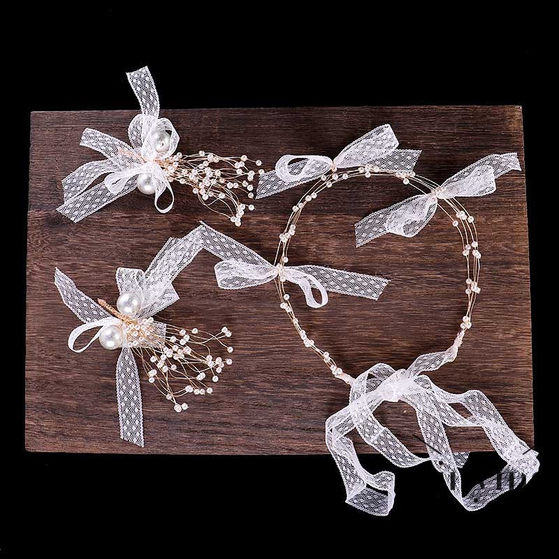 GETNOIVAS Set băng đô + khuyên tai nơ đính ngọc trai giả thanh lịch cho cô dâu