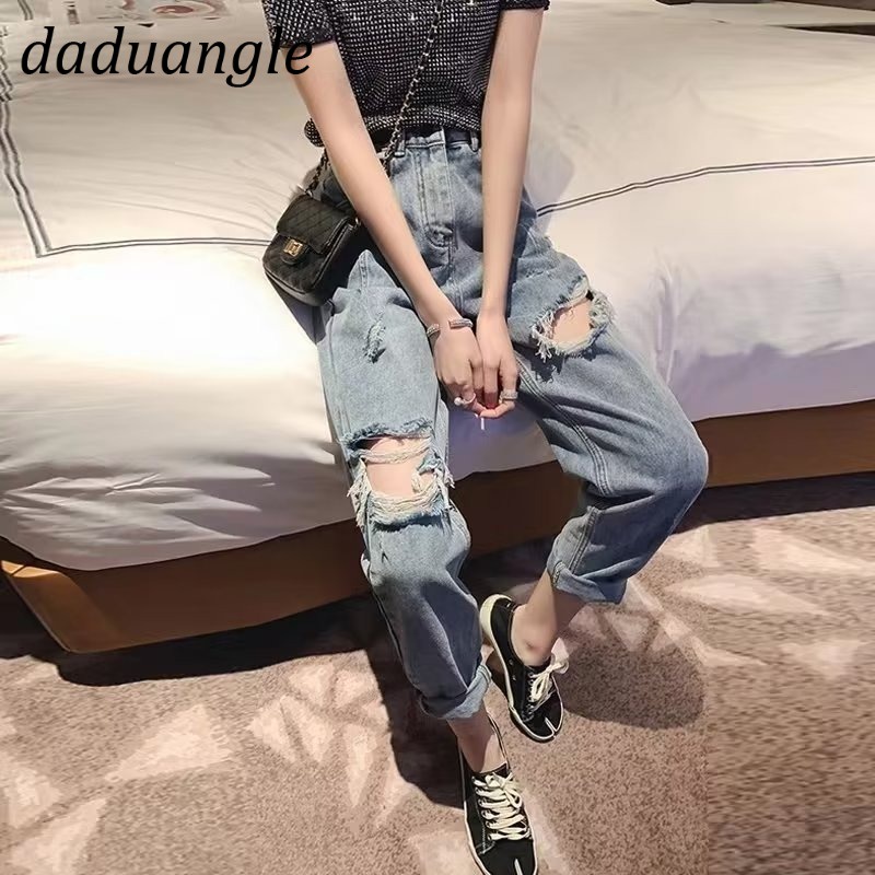 Quần jean Daduhey dáng rộng lưng cao kiểu rách thời trang phong cách Hàn Quốc cho nữ plus size