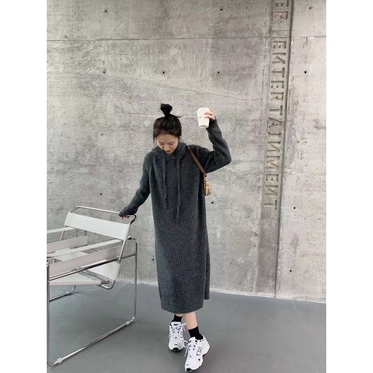 Đầm Sweater Dệt Kim Dày Dáng Suông Rộng Có Mũ Trùm Thời Trang Thu Đông Cho Nữ