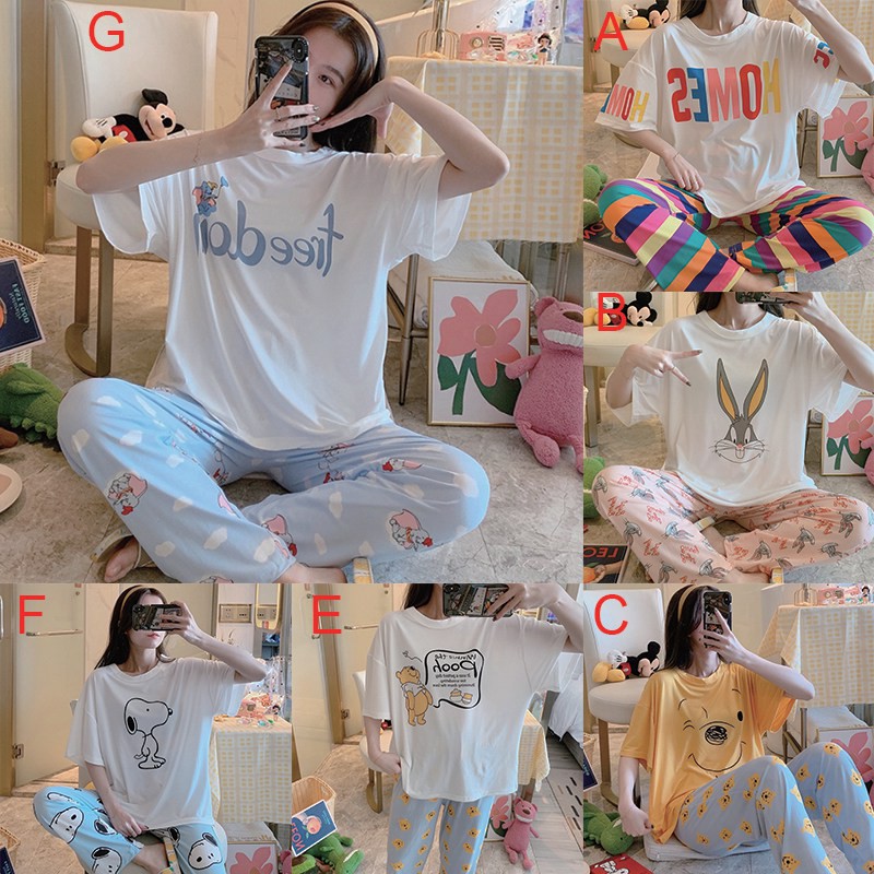 Bộ Đồ Ngủ Pijama Ngắn Tay In Hoạt Hình Dễ Thương Cho Nữ