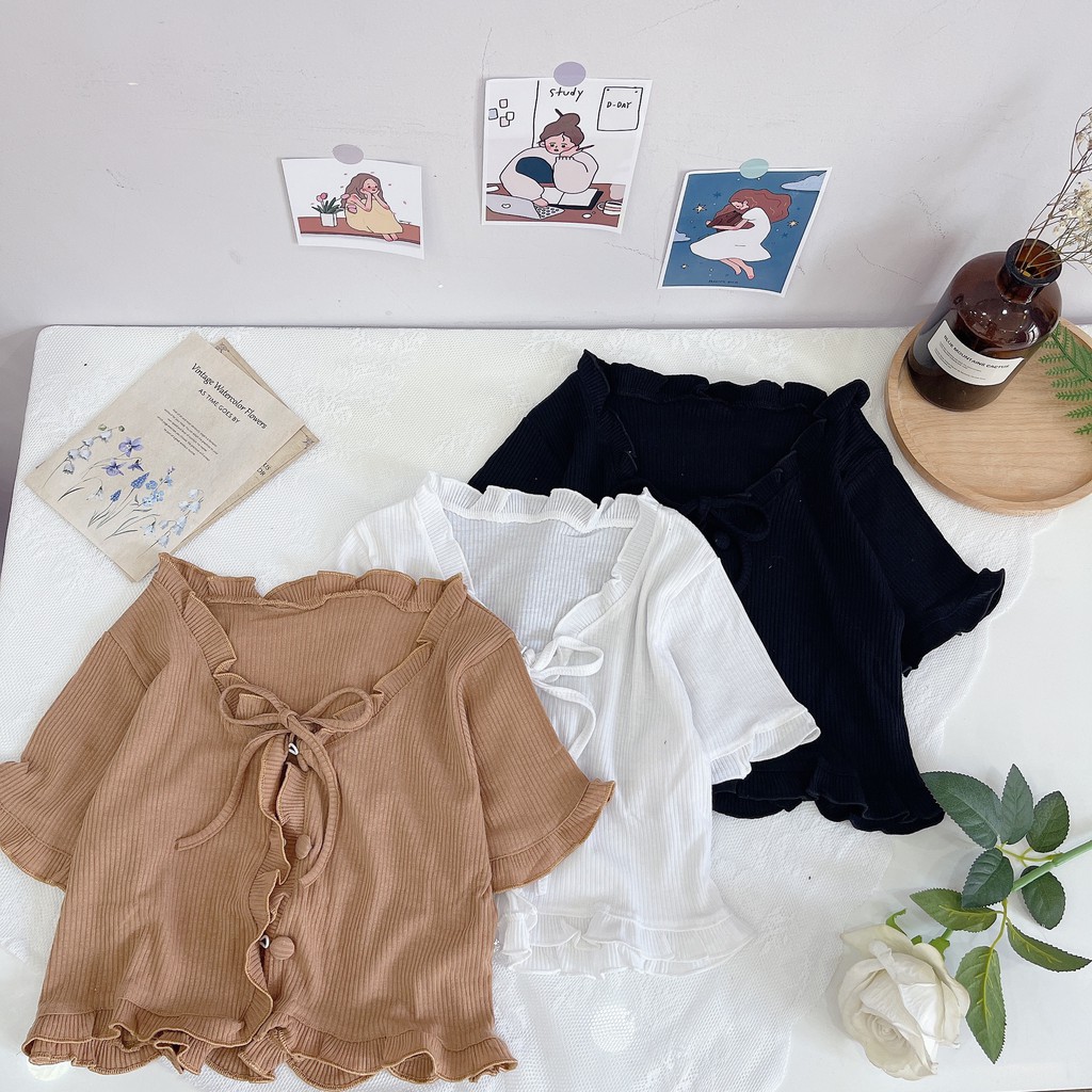 Áo croptop cúc bọc viền bèo cột dây dễ thương A5145