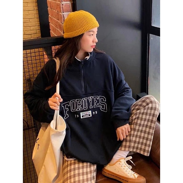 Áo sweater nữ chất nỉ dày dặn JUNE form rộng in chữ FORUYES kéo khóa cổ unisex mặc thu đông đẹp chuẩn ảnh