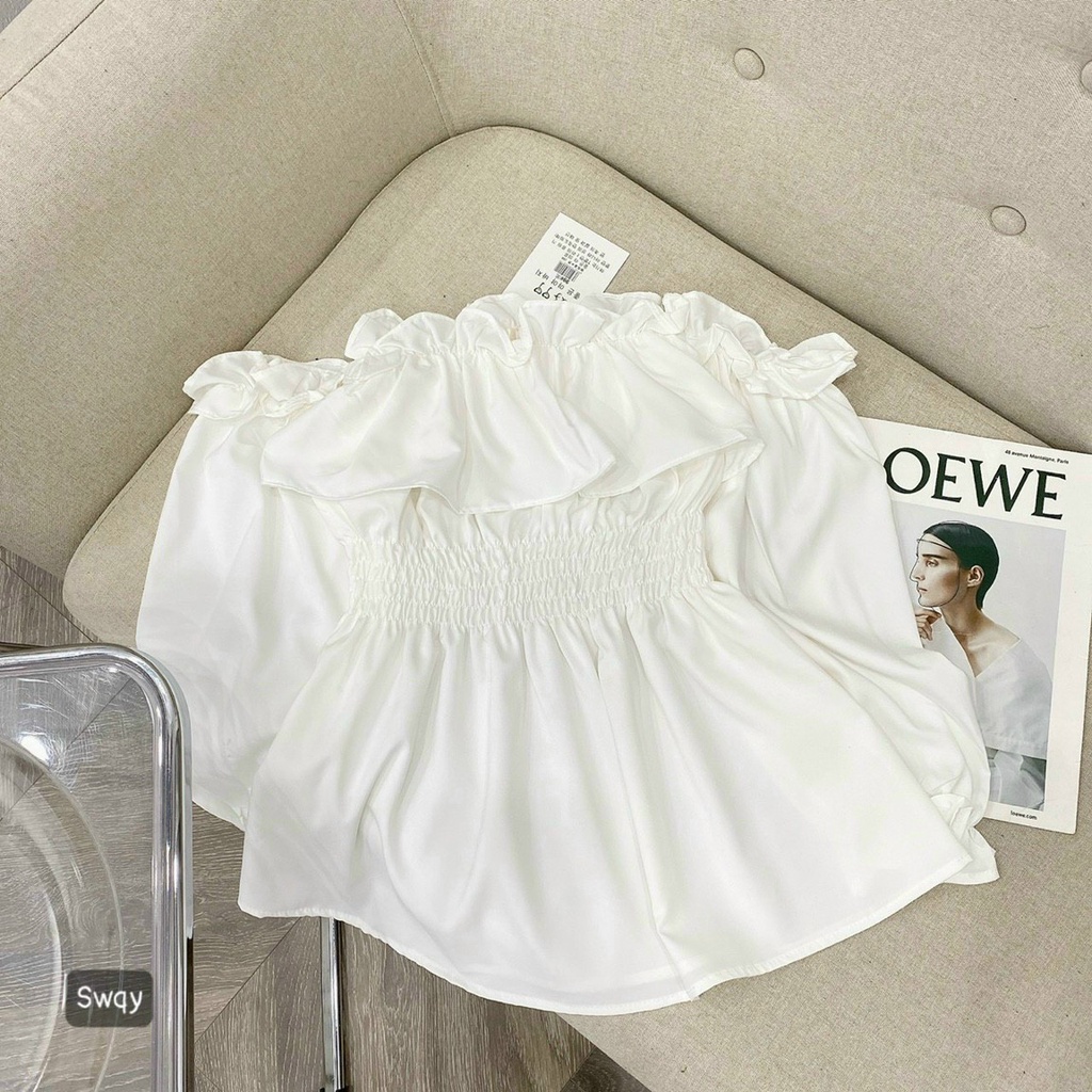 Áo Voan Kiểu Mới Trễ Vai Tay Dài Bánh Bèo Phối Nhún Trước Bụng Xinh Xắn  TTSLA0842