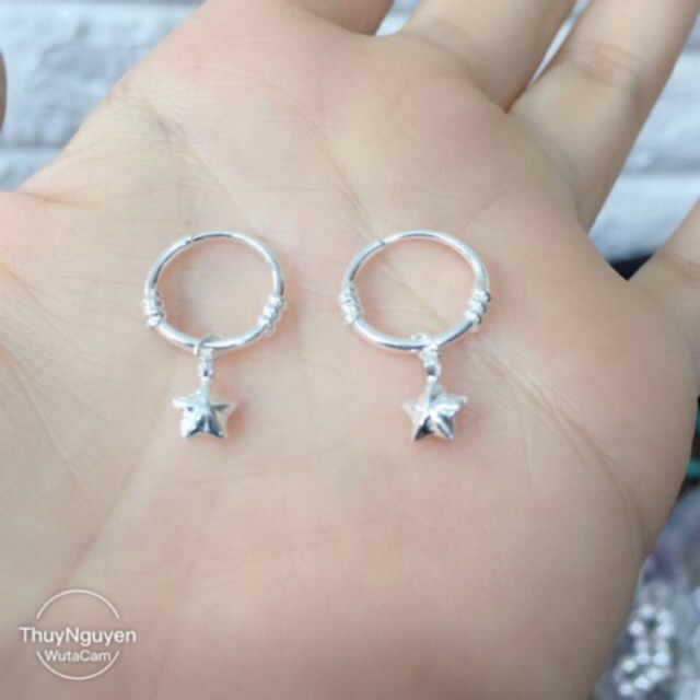 Khuyên tai tròn treo ngôi sao tim giọt nước, cá heo phồng cực xinh bạc nguyên chất